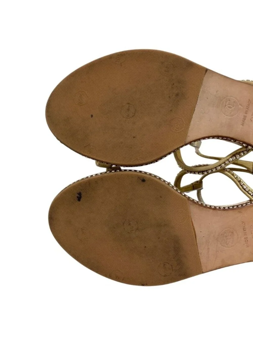 Chanel CC Logo Rhinestone Ankle Strap Flat Sandals 37C Gold